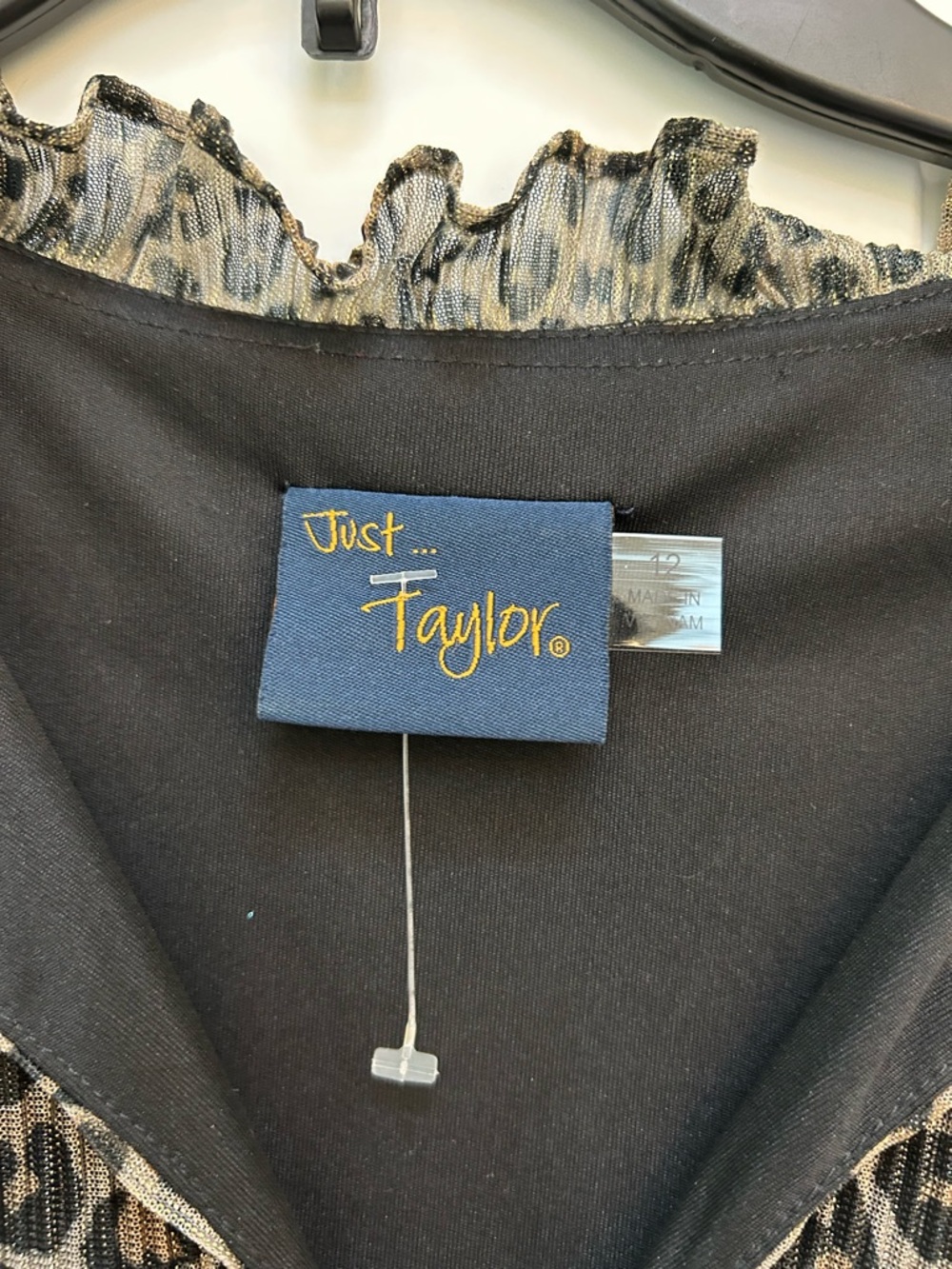 Just...Taylor Black and Brown Sheer Leopard-Print Trim Ruffled Neck Dress 12 - Picture 3 of 7